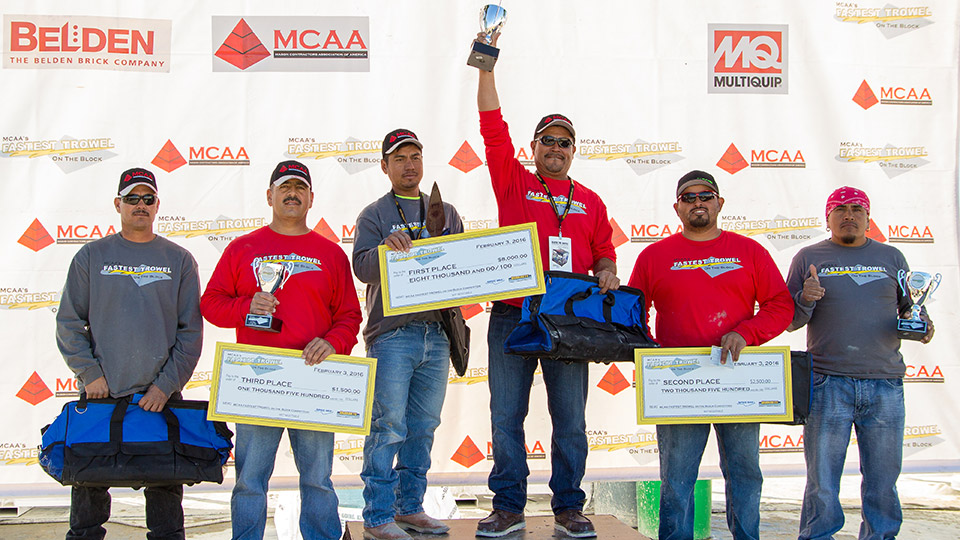 First, second and third place winners, and their tenders, from the 2016 Fastest Trowel on the Block competition.